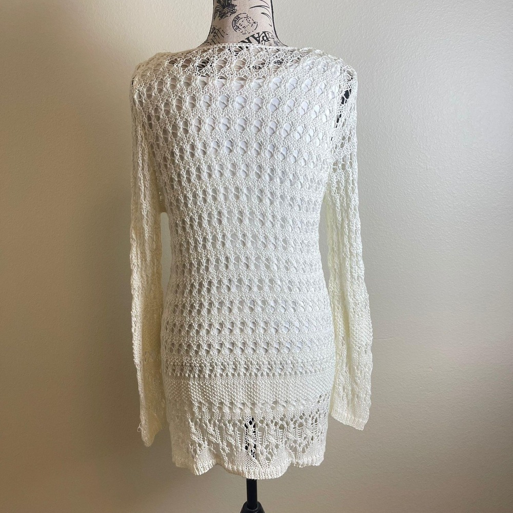 Peck & Peck Crochet Knit Long Sleeve Dress Cream White Sheer Overlay Size M - Picture 2 of 7